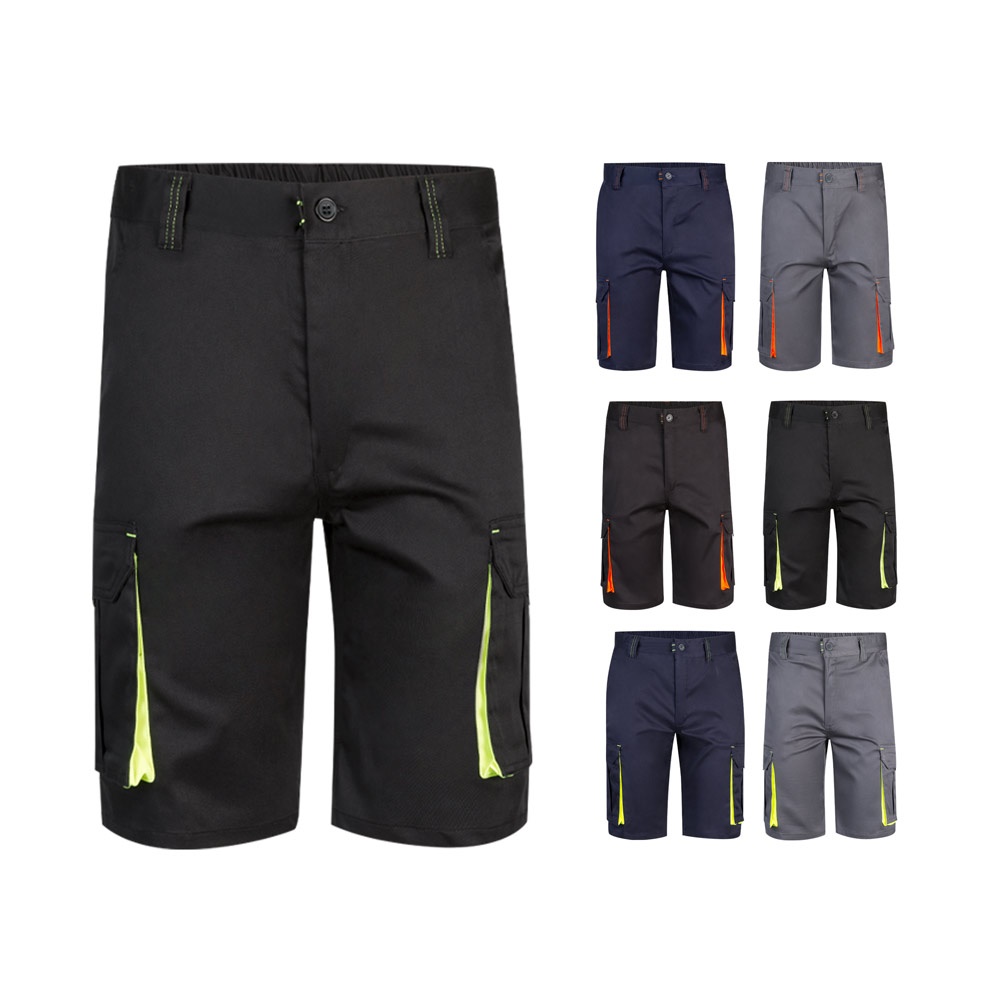 Bermuda stretch bicolore, multipoches (240g/m²), en coton (46%), EME (38%) et polyester (16%)