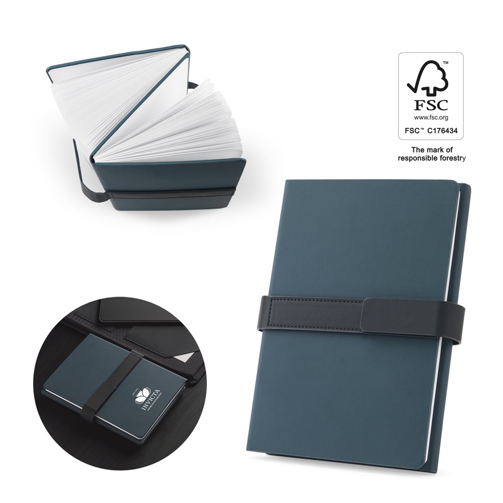 Bloc-notes A5 en 80% de matériaux recyclés (polyester recyclé et PU recyclé) avec deux blocs : pages lignées et pages non lignées