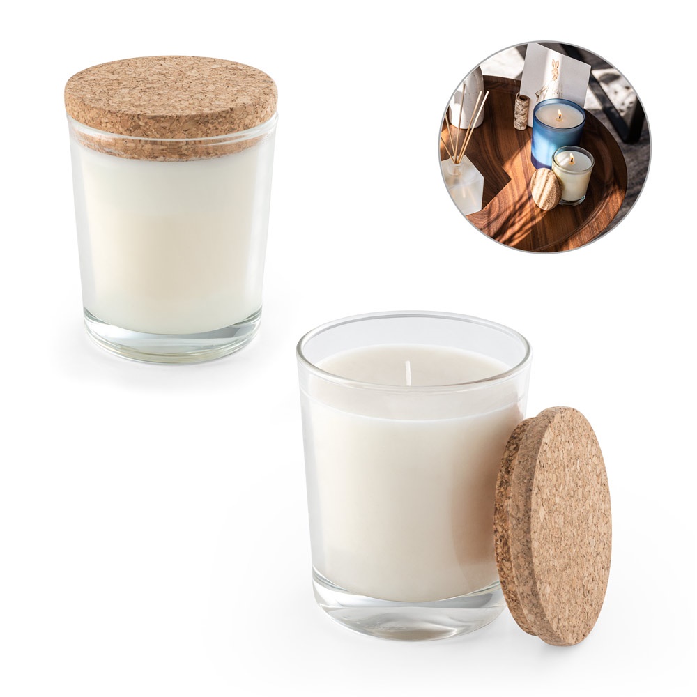 Bougie aromatique dans une coupelle en verre avec un couvercle en liège 180 g