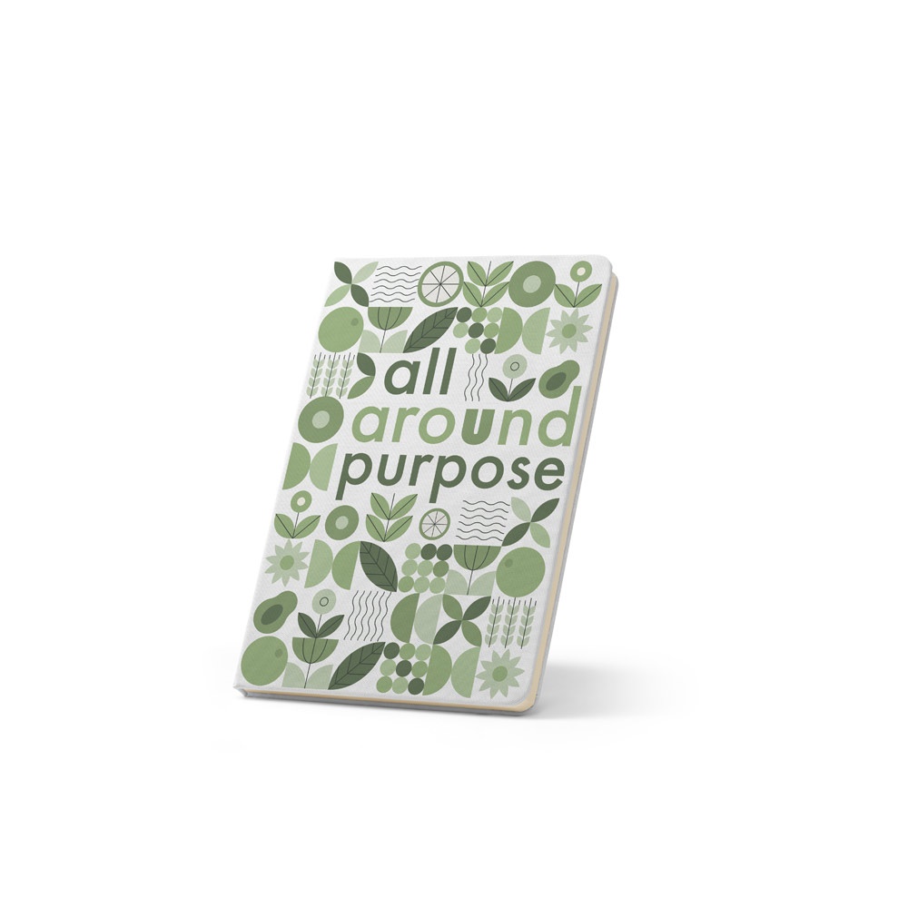 Cahier A5 en polyester recyclé (100% rPET) 300D, idéal pour la personnalisation par sublimation