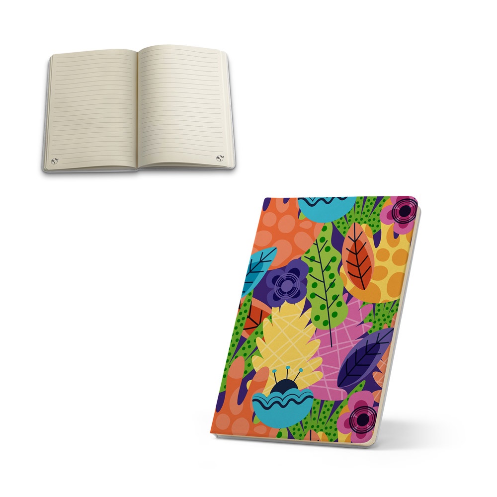Cahier A5 en polyester recyclé (100% rPET) 300D, idéal pour la personnalisation par sublimation