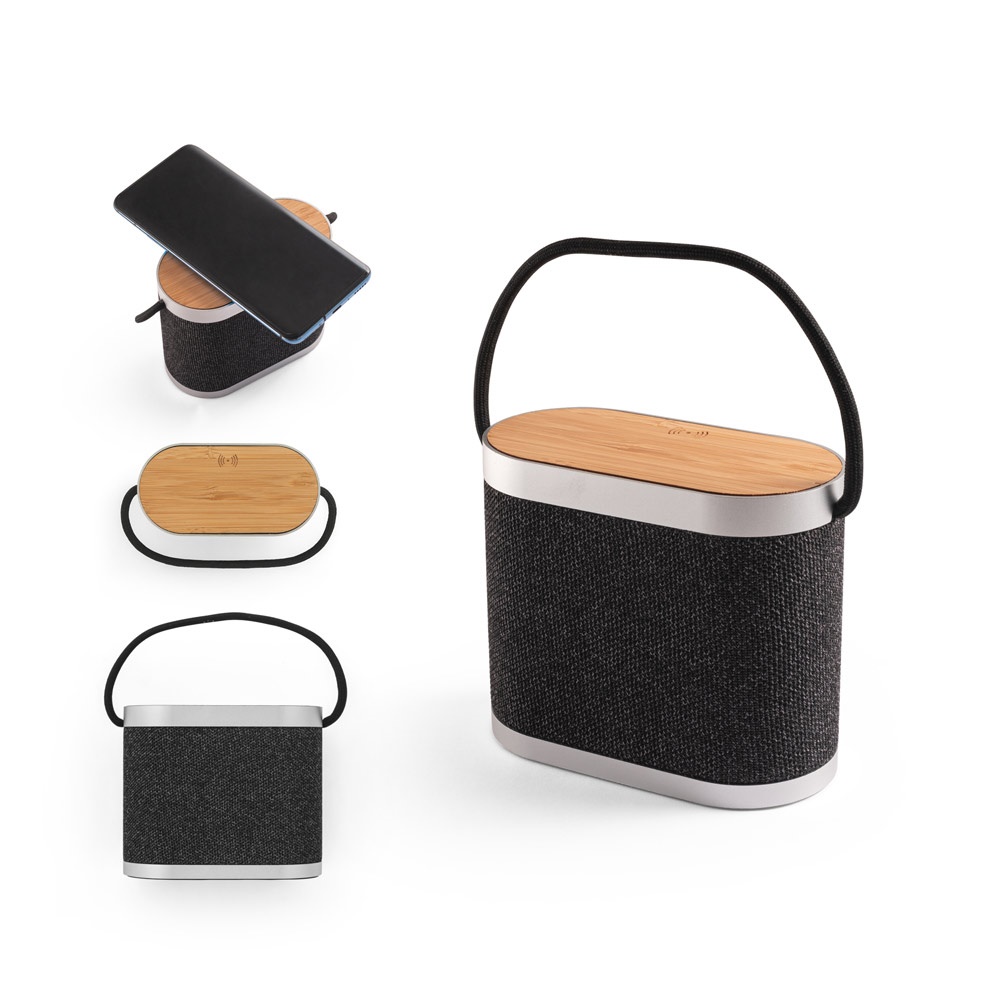 Enceinte portable de 5 W avec chargeur sans fil ultra-rapide de 15 W et autonomie de 2 h en bambou et PET recyclé (100 % rPET)