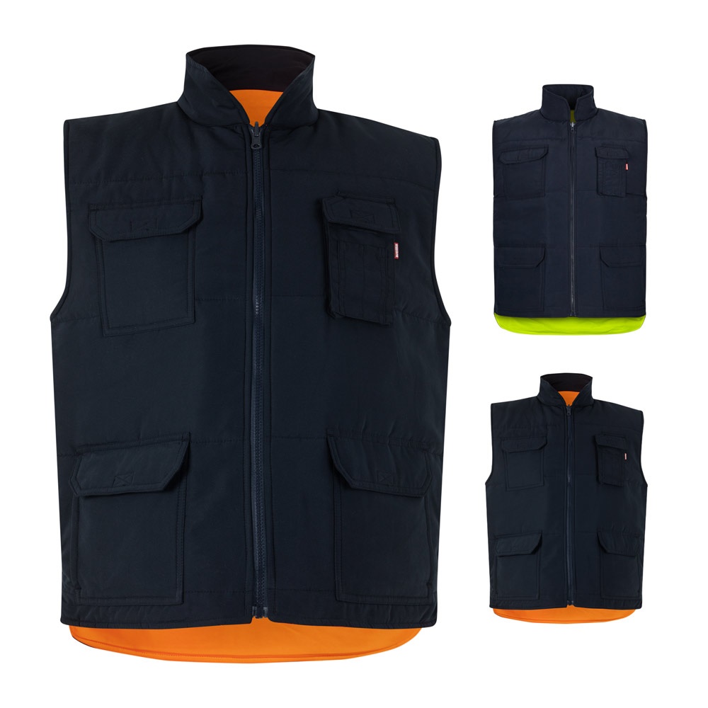 Gilet rembourré (220g/m²), réversible en polyester (100%), avec fermeture à glissière et tirette réversible, et multipoches