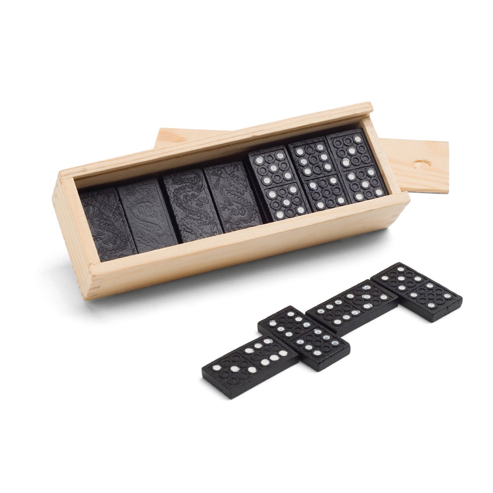 Jeu de dominos dans une boîte en bois avec couvercle