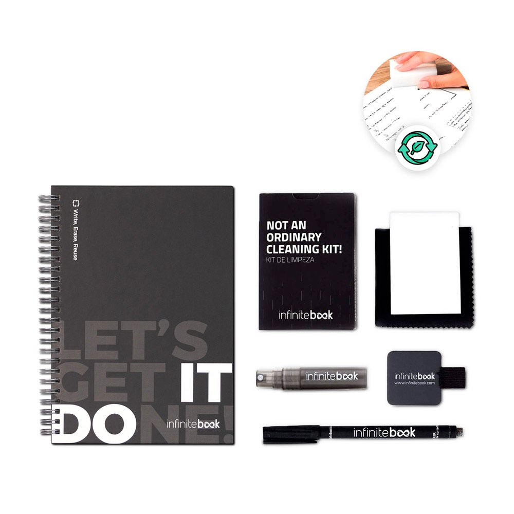 Kit « Infinitebook » à couverture rigide, 1 kit de nettoyage, 1 marqueur et 1 porte-stylo à bille
