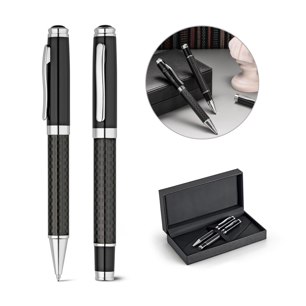 Kit roller et stylo à bille en métal et fibre de carbone avec mécanisme twist