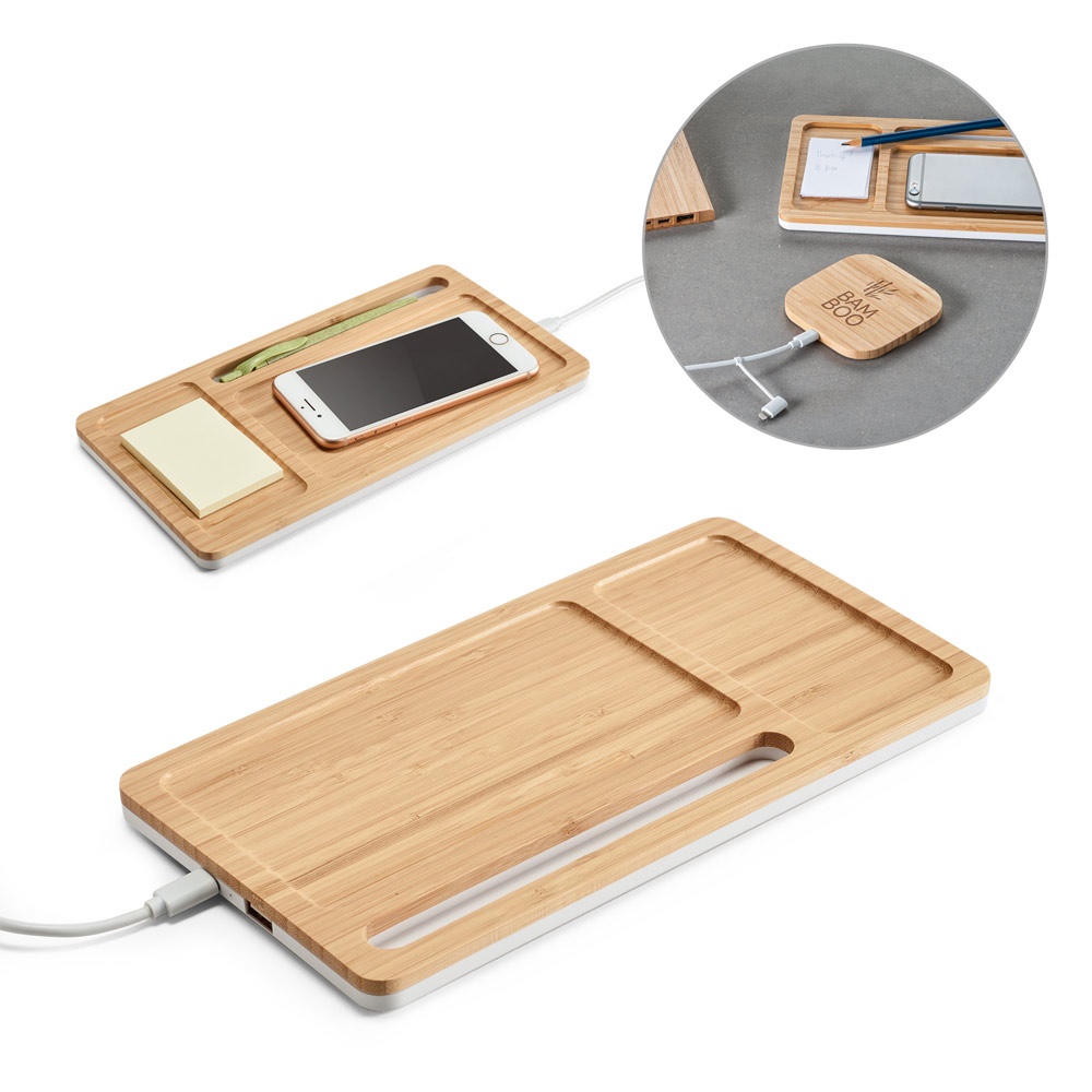 Organiseur de bureau avec chargeur sans fil 15W en bambou et ABS