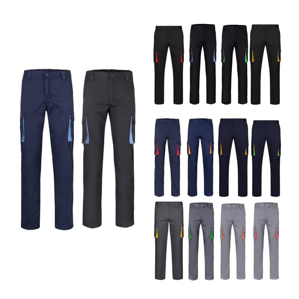 Pantalon stretch bicolore, multipoches (240g/m²), en coton (46%), EME (38%) et polyester (16%)