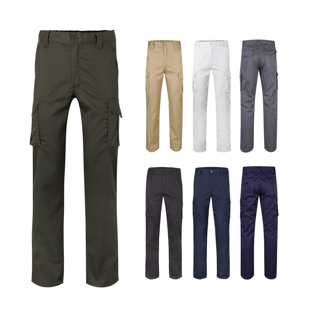 Pantalon stretch, multipoches (290g/m²), en coton (46%), EME (38%) et polyester (16%)