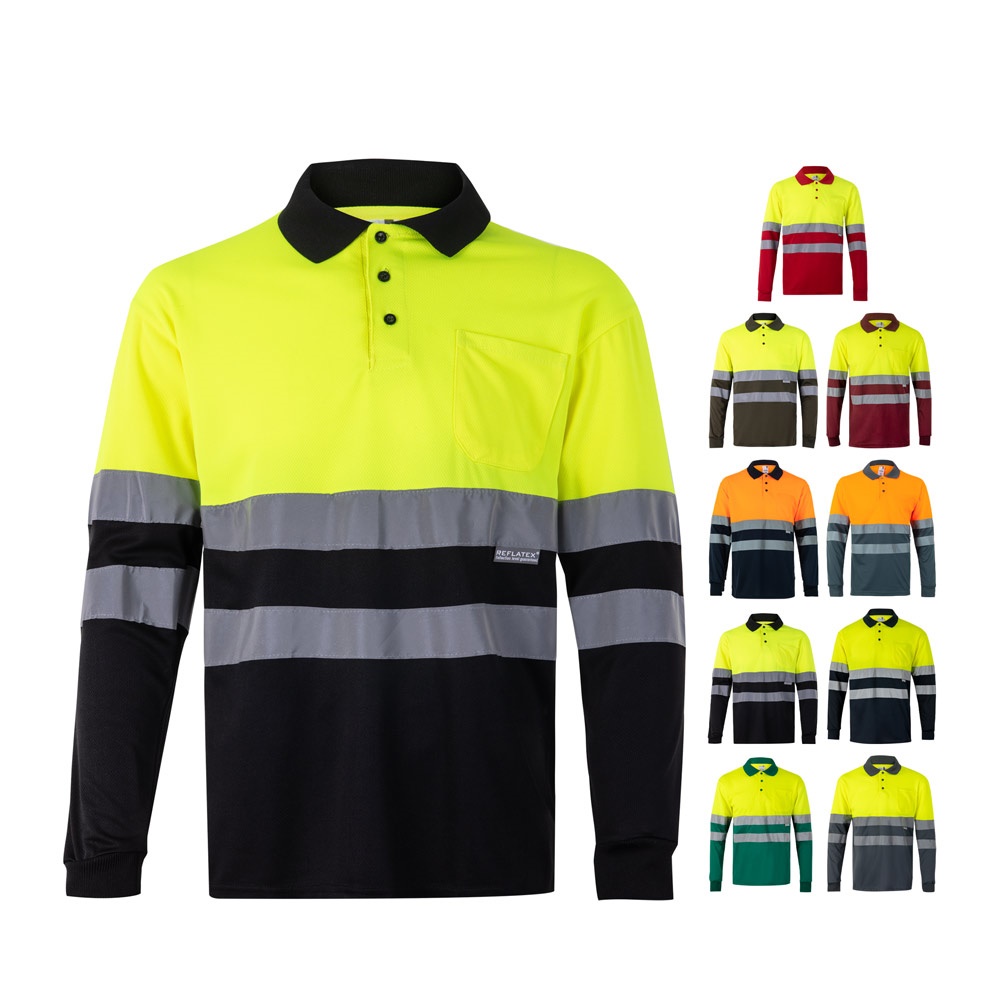 Polo bicolore (160g/m²) à manches longues, en polyester (100%)