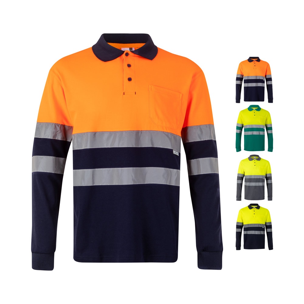 Polo piqué bicolore (150g/m²) à manches longues, en coton (55%) et polyester (45%)