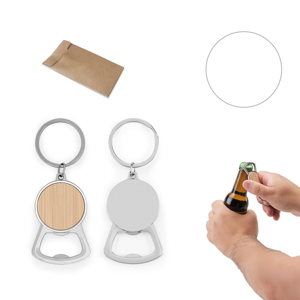 Porte-clés en fer de forme ronde en zinc et bambou