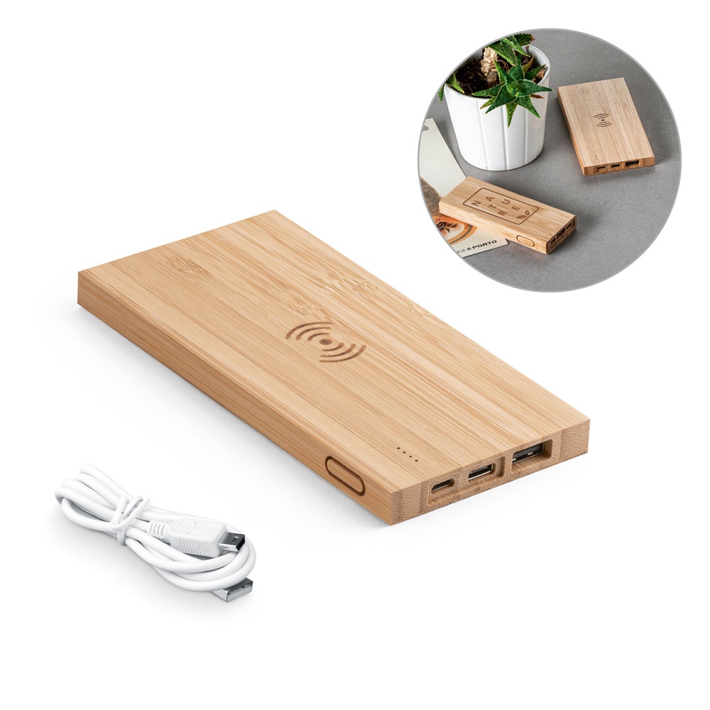 Power bank 5 000 mAh avec chargeur sans fil 5W en bambou