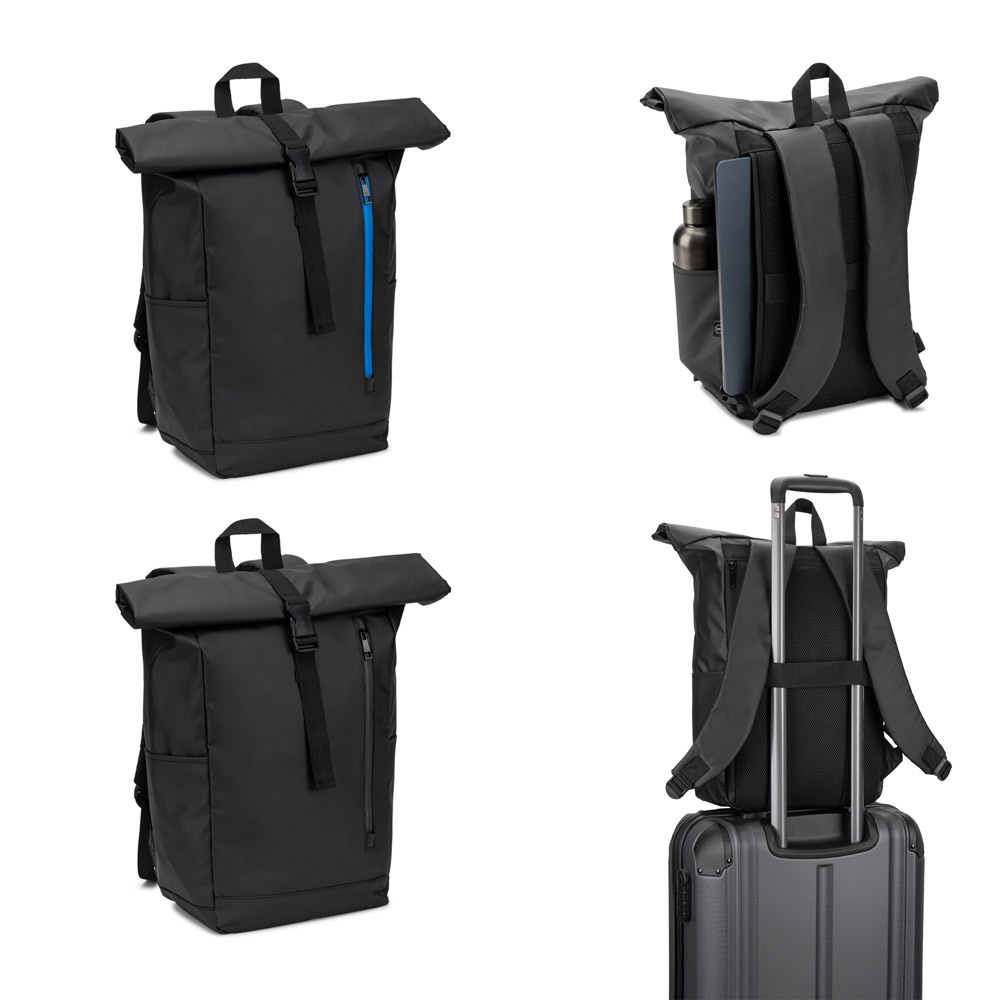Sac à dos avec système de fermeture à glissière permettant de rouler la partie supérieure pour l'adapter au volume du sac à dos, fabriqué en polyester recyclé 600D