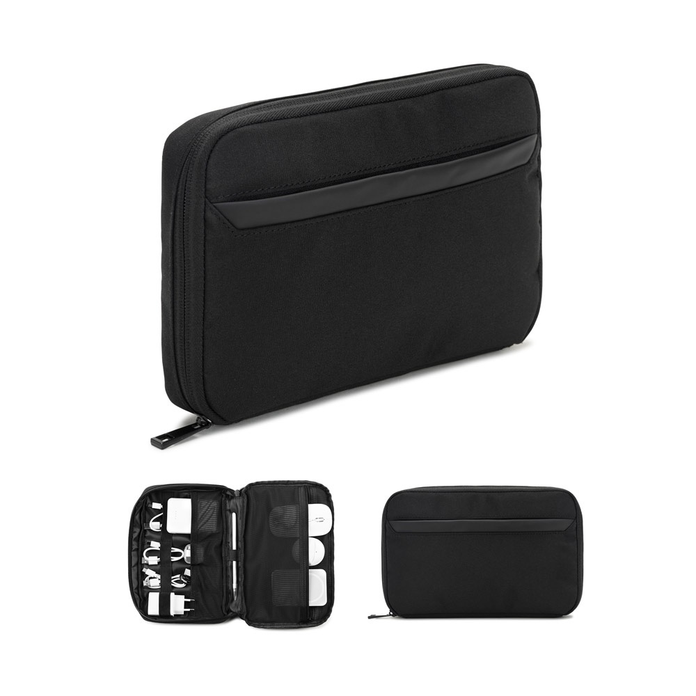 Sac de rangement spacieux pour accessoires technologiques en sergé avec revêtement hydrofuge et polyester recyclé 600D
