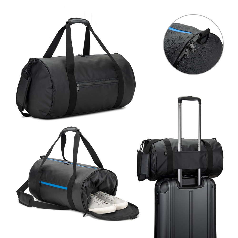 Sac de sport cylindrique en polyester recyclé haute densité 600D avec compartiment latéral pour les chaussures