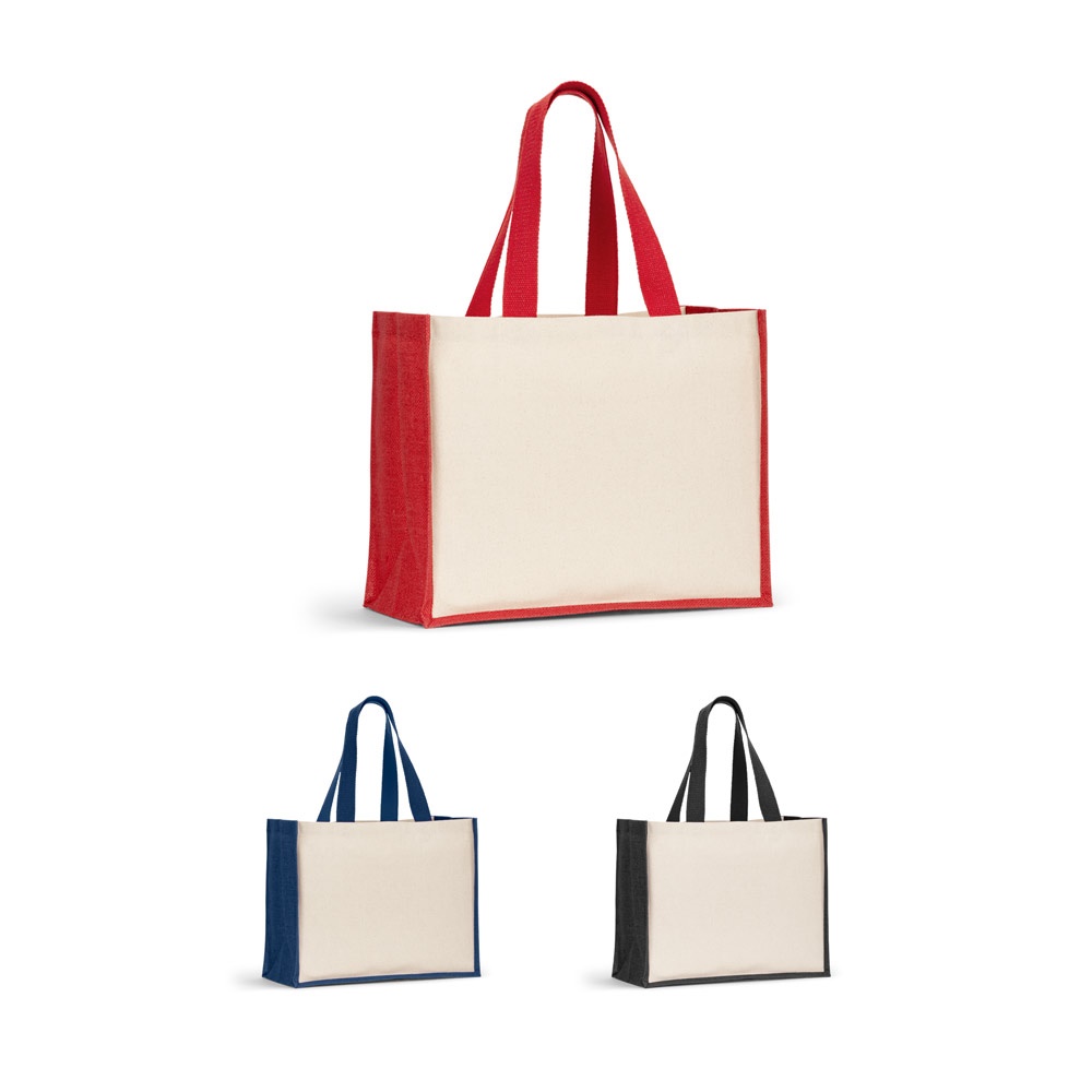 Sac en toile (320 g/m²), avec fond et côtés en jute laminé (350 g/m²) de couleur