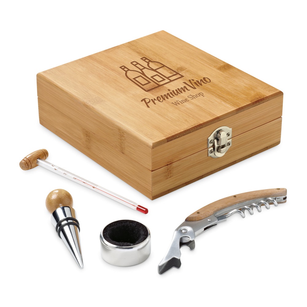 Set à vin en bambou, acier inoxydable, verre et ABS