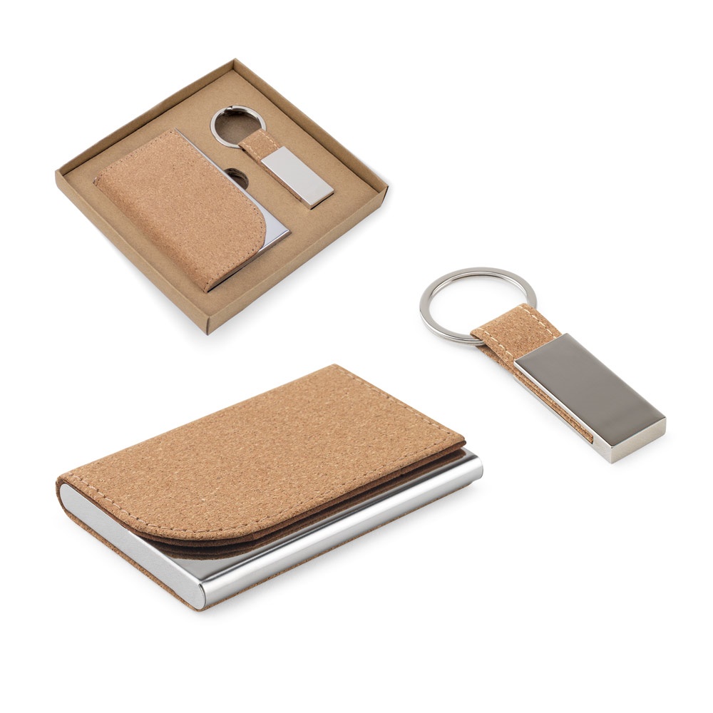 Set composé d'un porte-cartes et d'un porte-clés, tous deux en métal et en liège