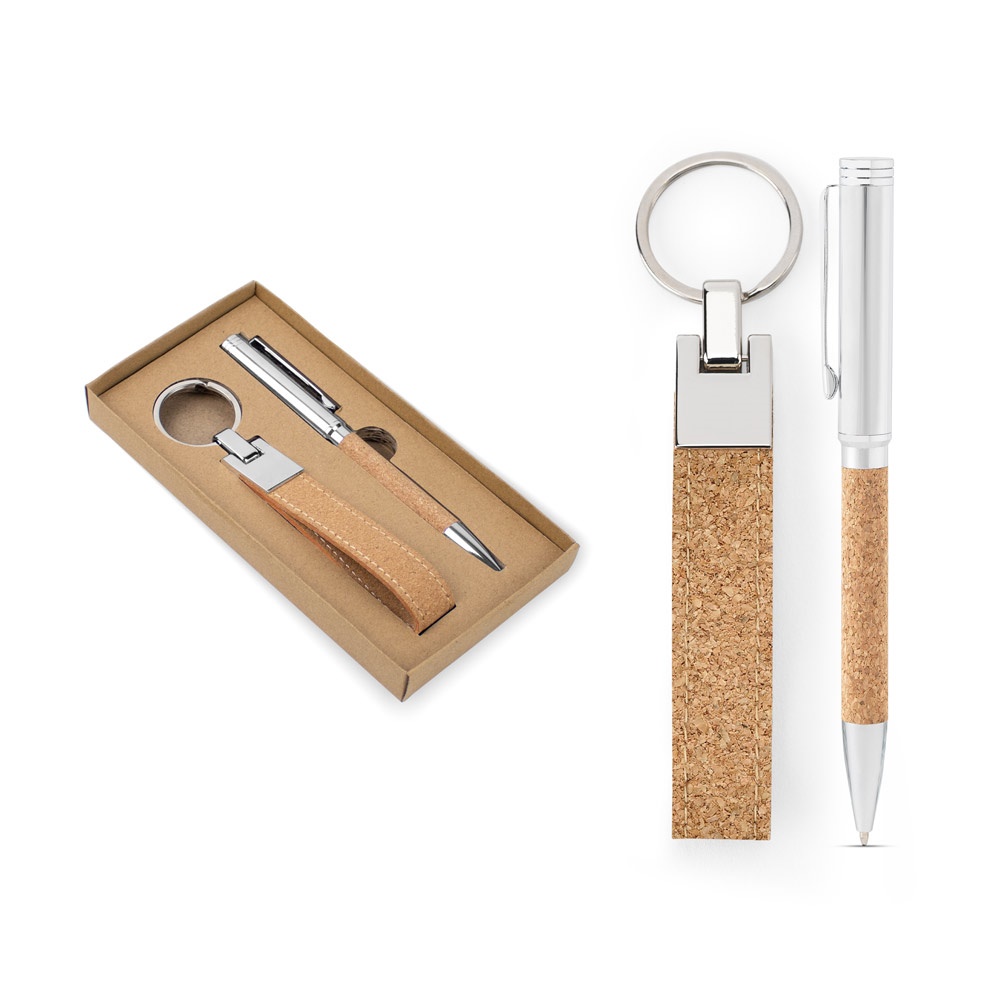 Set composé d'un stylo à bille et d'un porte-clés, tous deux en métal et en liège