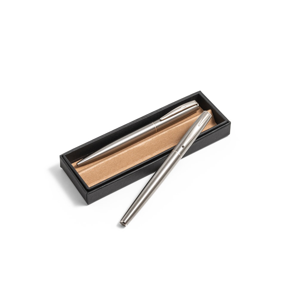 Set de stylos à bille et rollers avec corps avec clip en acier inoxydable (53% rSS)