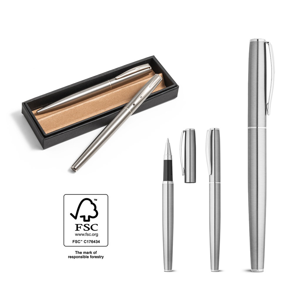 Set de stylos à bille et rollers avec corps avec clip en acier inoxydable (53% rSS)