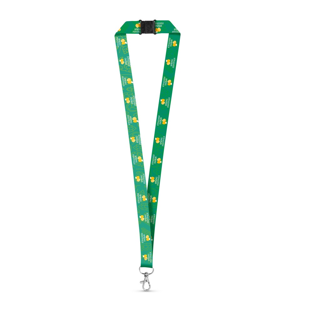 SET Lanyard SUBLIMATION Long II (20 mm) en polyester recyclé (100 % rPET) avec mousqueton à porte de 20 mm et fermoir de sécurité