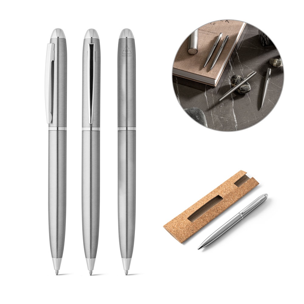Stylo à bille avec corps en acier inoxydable (53% recyclé) avec clip