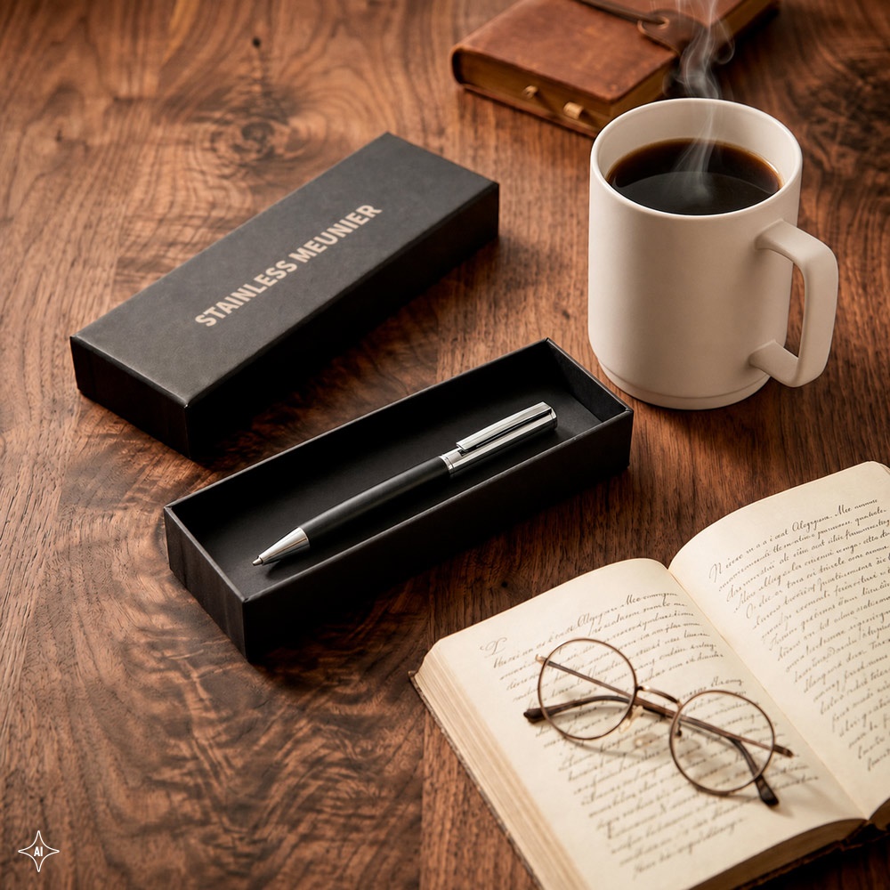 Stylo à bille documentaire en acier inoxydable avec une finition brillante et une encre noire