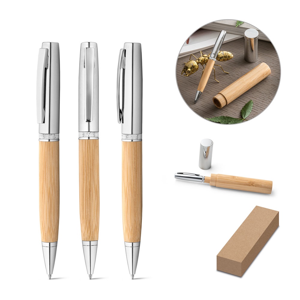 Stylo bille en bambou et métal avec étui